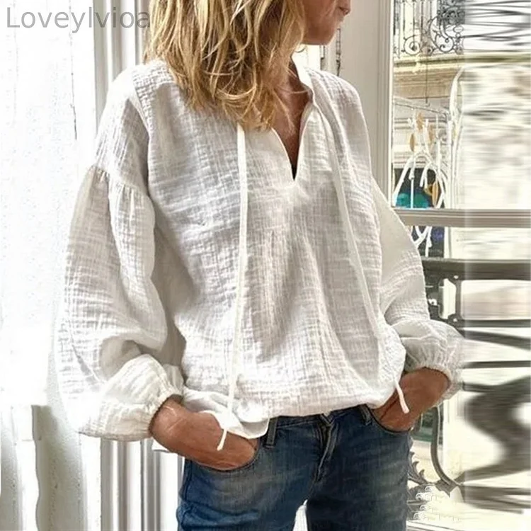 Vintage Lantern Sleeve V-Neck Cotton Linen Shirt