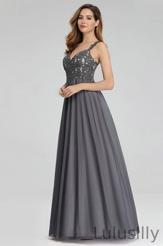 Elegant Grey Lace Tulle Long Evening Prom Dress - lulusllly