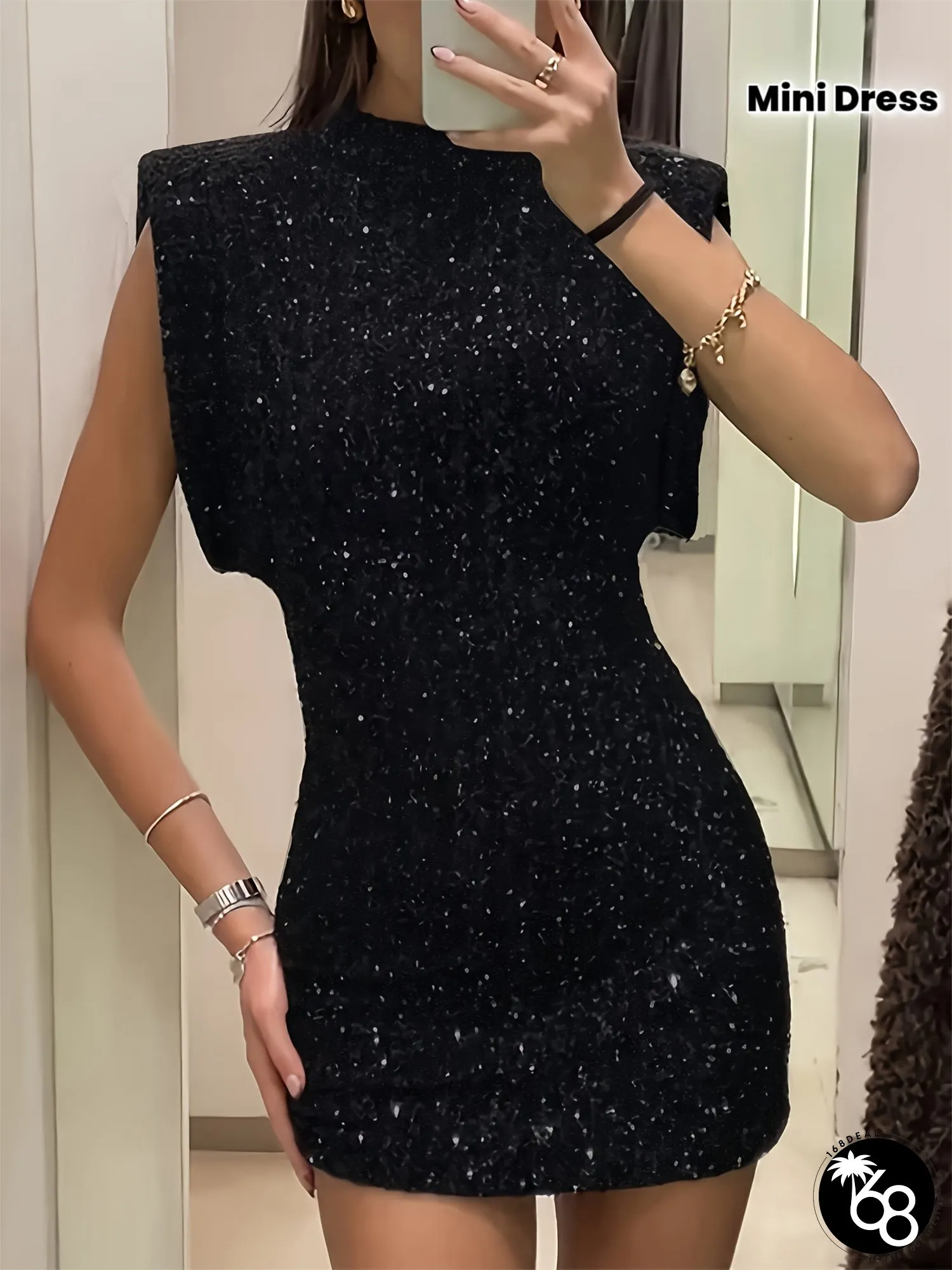 Elegant Black Sequin Womens Dress-Sleeveless Round-neck Bodycon Fit Polyester Knit | 168DEAL