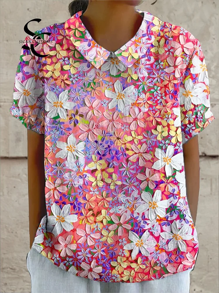 Women's Colorful Flower Art Print Casual Cotton And Linen Shirt