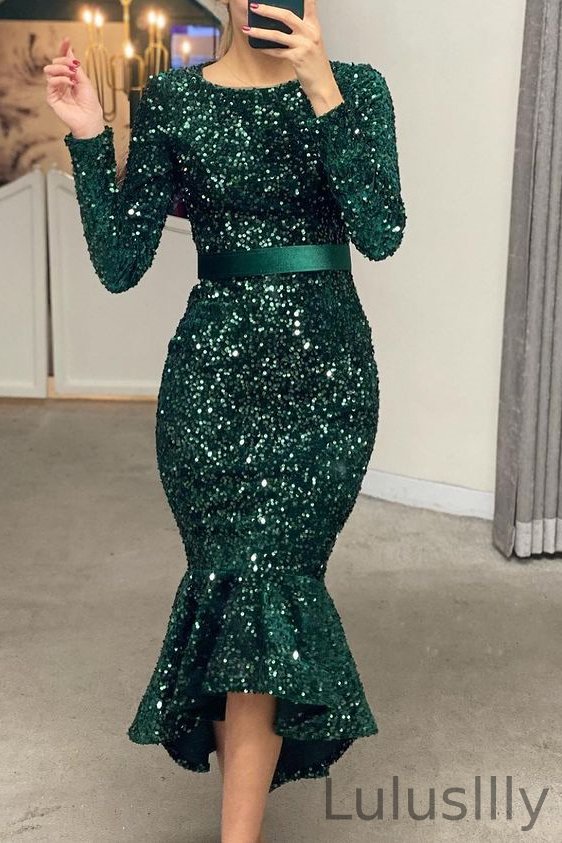 Classy Emerlad Green Long Sleevs Prom Dress Mermaid Sequins - lulusllly