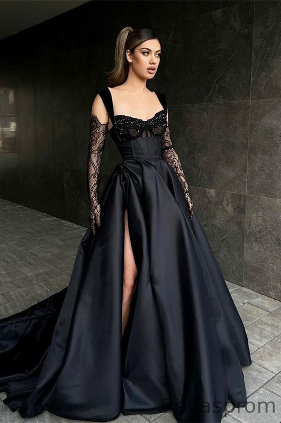 Bellasprom Black Straps Sweetheart Prom Dress Slit With Beads Bellasprom