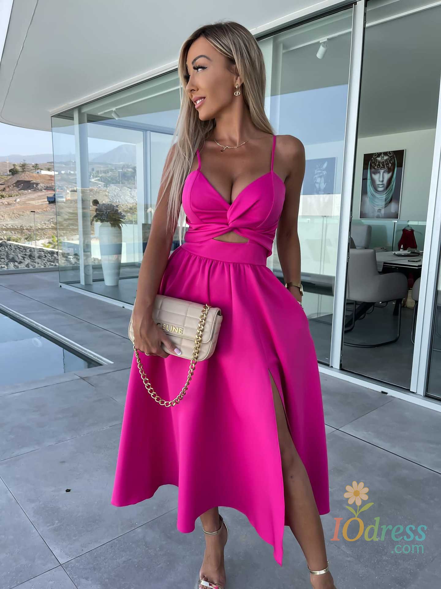 IO Dress 2025 Summer New Print Spaghetti Strap Dresses Women Sexy Deep V-neck Hollow Out Slit Dress Female Vacation Style Long Vestidos IO Dress