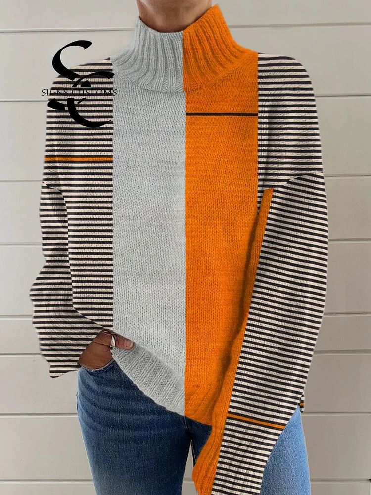 Vintage Abstract Geometric Art Print Knit Turtleneck Pullover Sweater