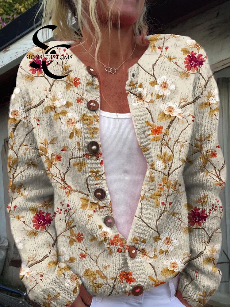 Women's Vintage Floral Art Print Buttoned Cardigan Sweater