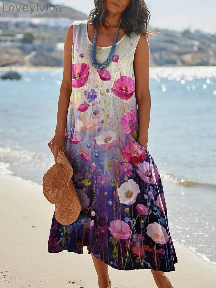 Women's Flowers Watercolor Pocket Pinafore Linen Dress
