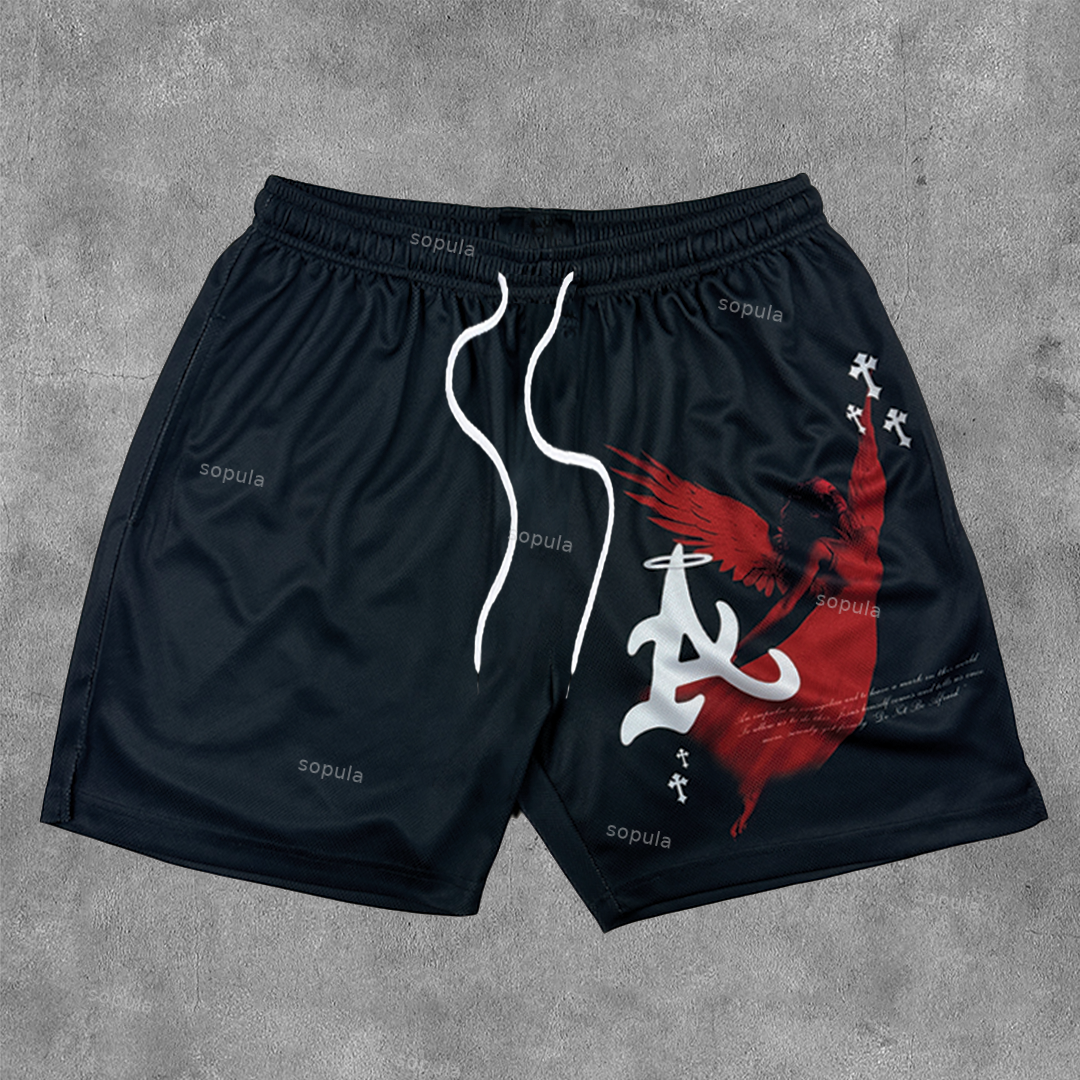 Sopula Cross Angel Faith Print Mesh Shorts