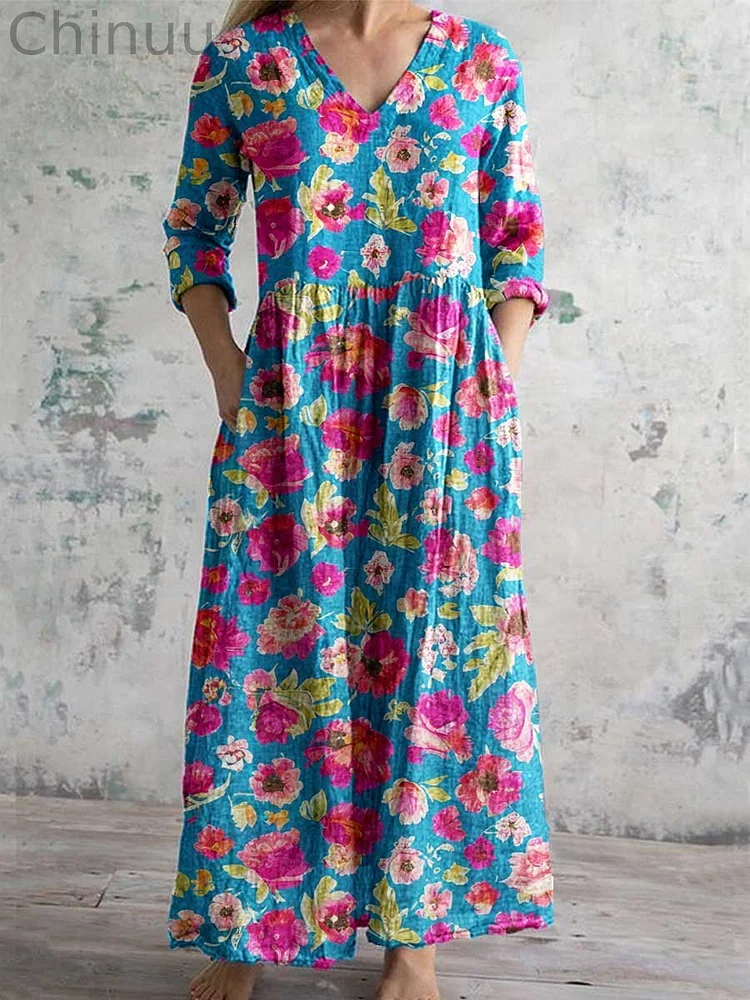 Women's Elegant Floral V-Neck Cotton Dress