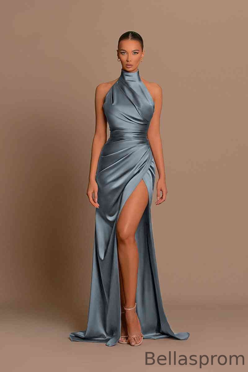 Bellasprom High Neck Sleeveless Prom Dress Mermaid Slit Long With Pleats Bellasprom