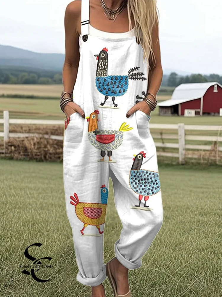 Women's Funny Chick Art Print Casual 100% Cotton Wide Leg Jumpsuit