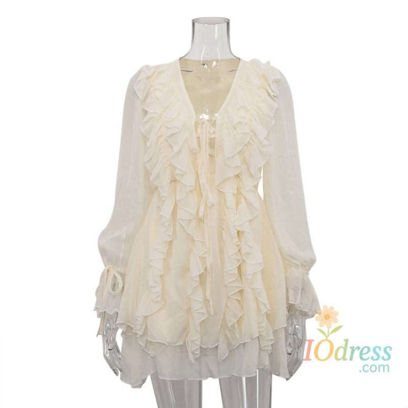 IO Dress 2024 Summer Women Solid Pleated Dress Elegant Ruffles V-neck Long Sleeve Mini Dress Fashion Female Fold Casual Beach Party Dress IO Dress