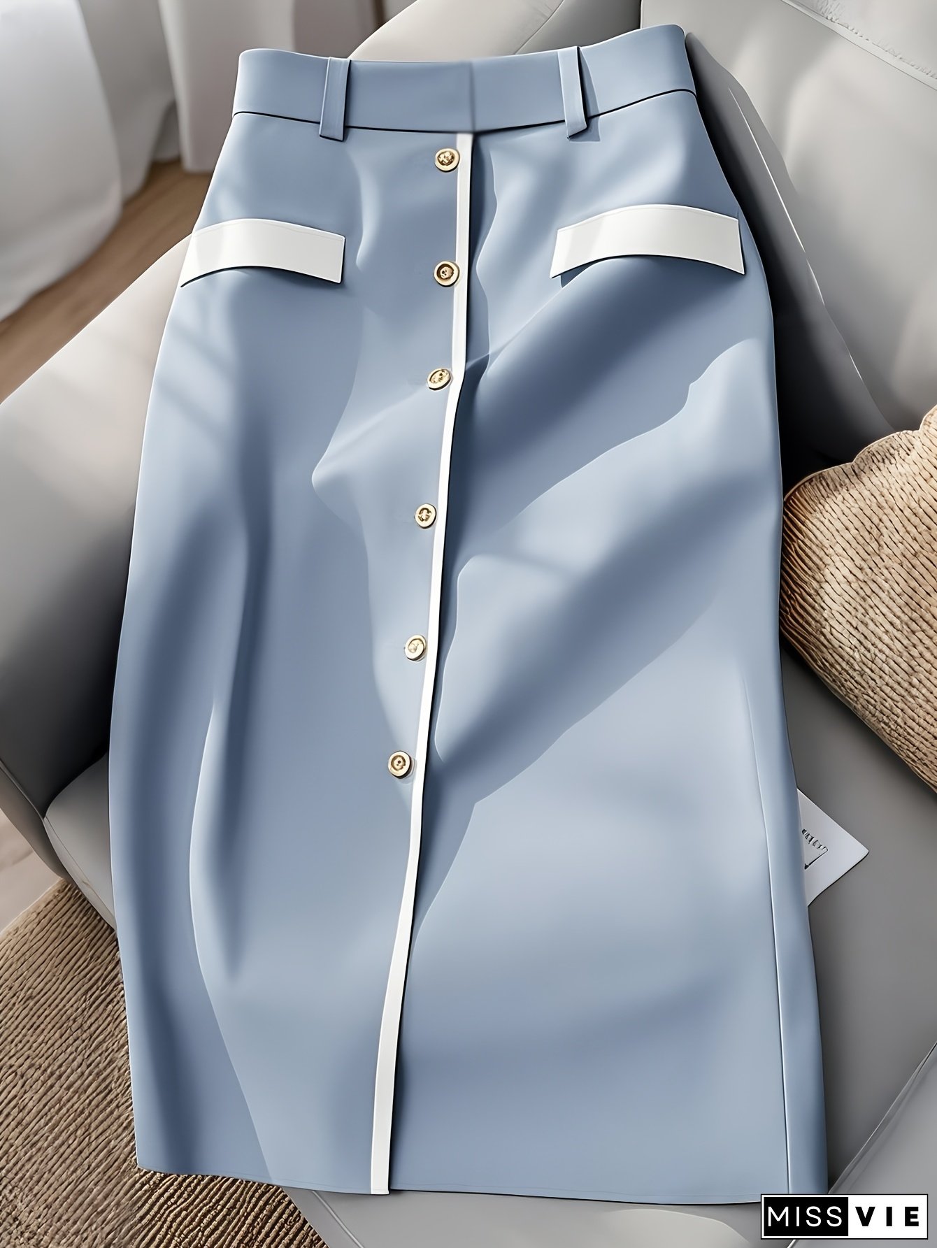 Women's Elegant H-Line Skirt - Structured A-Line Silhouette with White Piping & Golden Buttons, Wrinkle-Resistant Vertical Striped-like Collar, Beltless Waist - Machine Washable Office to Semi-Formal Wear (No Elasticity)