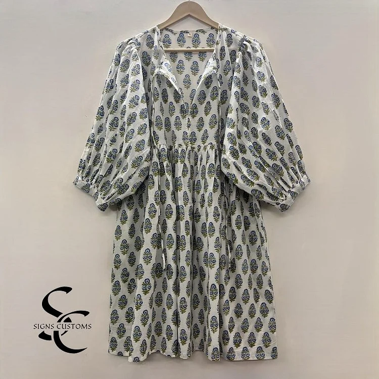 Floral Block Print Woman Midi & Mini Dress &ndash; Deep Neck with String Closure, Stylish Dress for Women