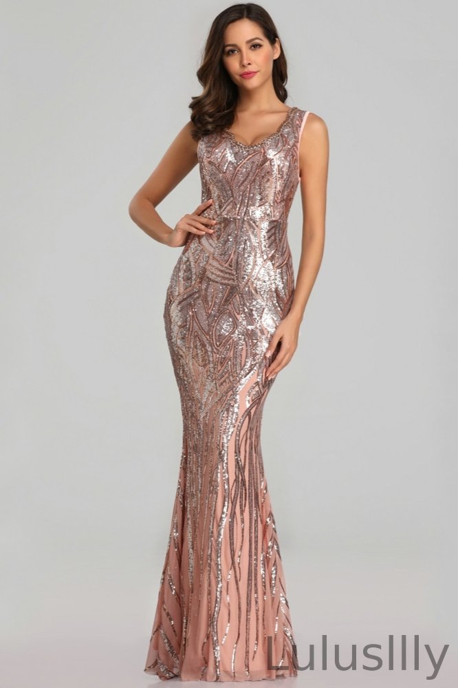 Stunning Sequins Long Evening Dress V-neck Mermaid Prom Dresses With Beadings - lulusllly