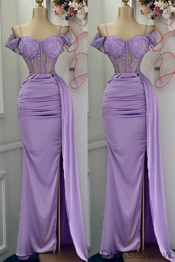 Dresseswow Lilac Off-the-Shoulder Mermaid Ball Dress With Split Ruffles