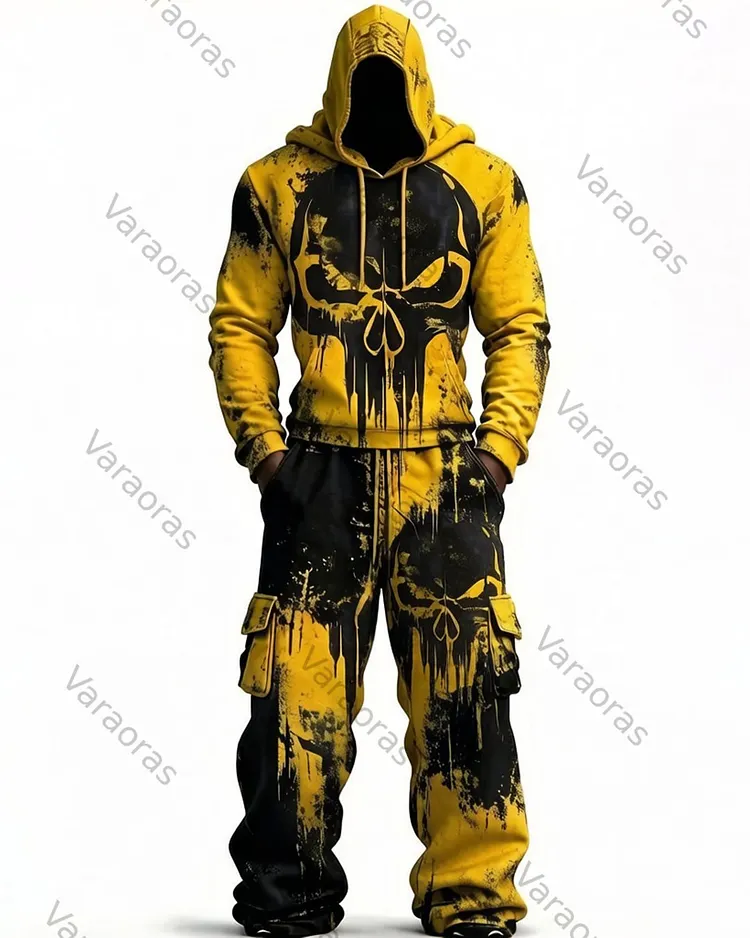 Men's Fashion Skull Contrast Color Embroidered Hoodie & Pants Two-Piece Set 2657