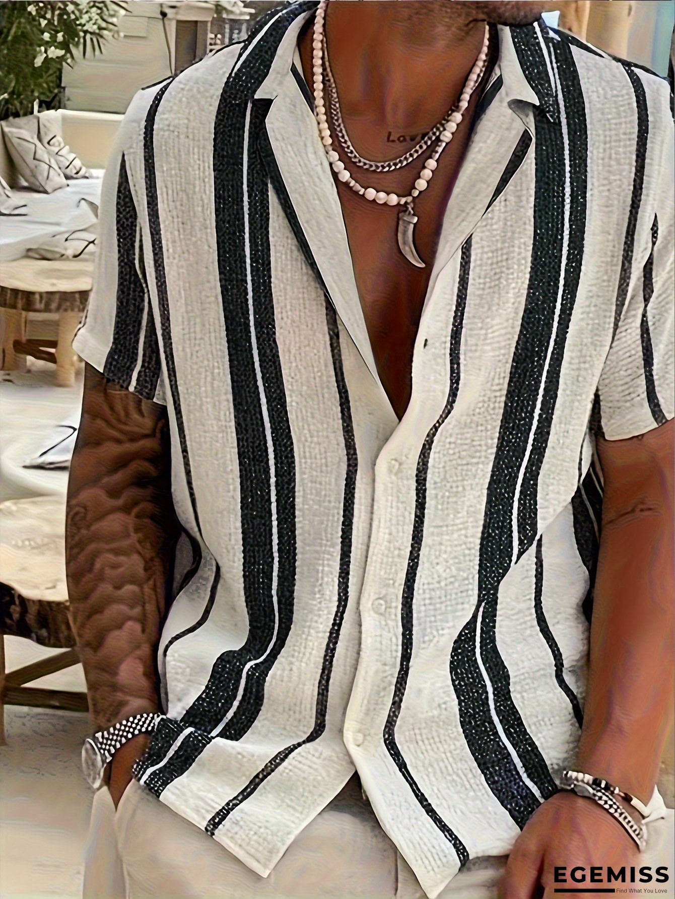 Men&lsquo;s Casual Striped Button-Up Shirt - Short Sleeve, Collared, Non-Stretch Fabric, Summer Fashion Top with Vertical Stripes in Beige, White, and Brown, Classic Collar Design, Regular Fit for Casual Attire, Versatile Clothing | Classic Collar Shirt | EGEMISS