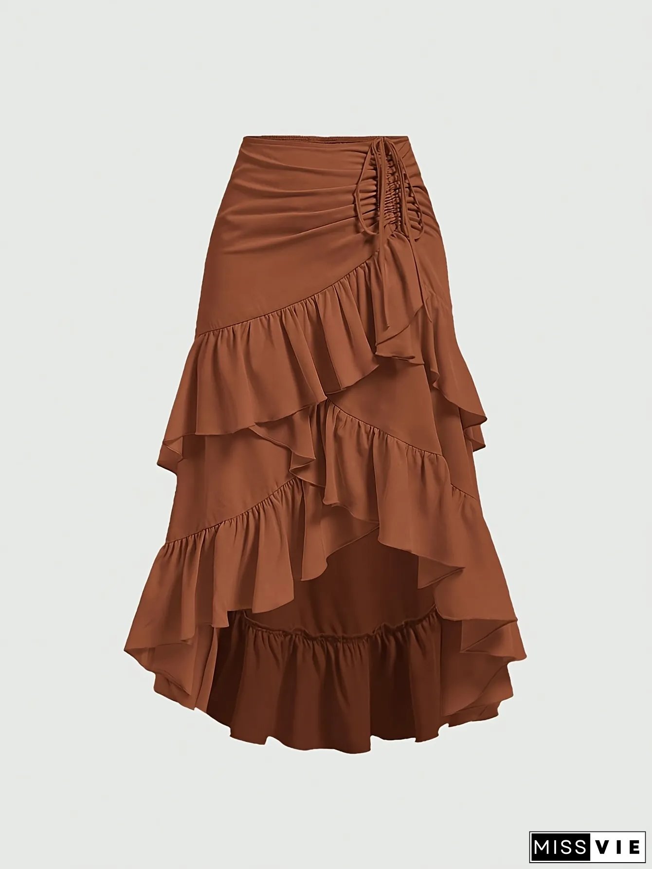 Elegant Brown Asymmetrical Ruffle Hem Skirt Womens Multi-Layer Design Polyester Machine