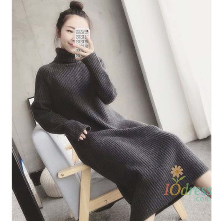 IO Dress Autumn and Winter Long-sleeved Knitted Dress with Long Turtleneck Pullover Thick Sweater Dress for Women