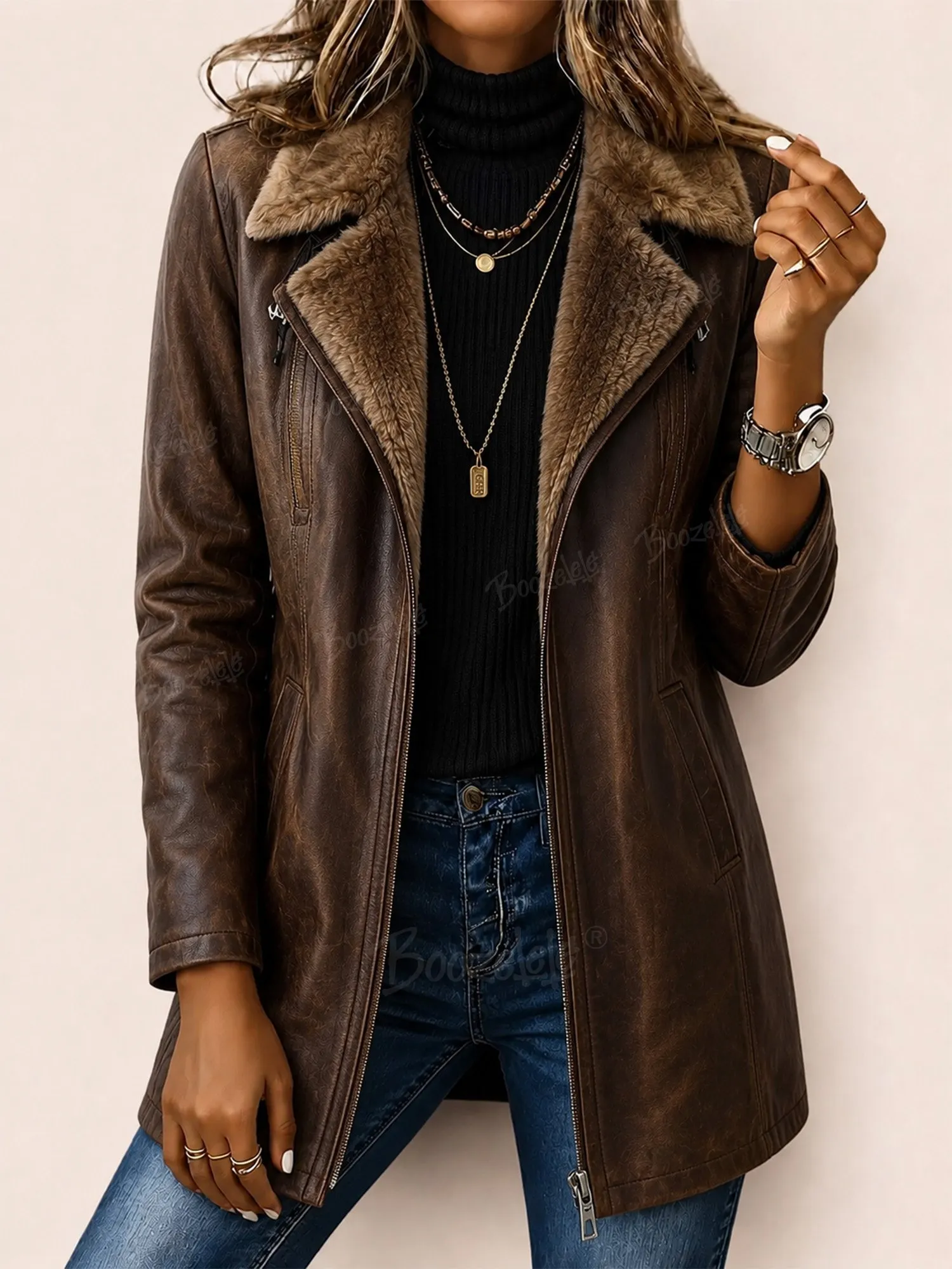 Perfect for an Autumn Desert Road Trip &mdash; Distressed Coffee Brown Faux Fur Lapel Soft Vegan Leather Women's Jacket