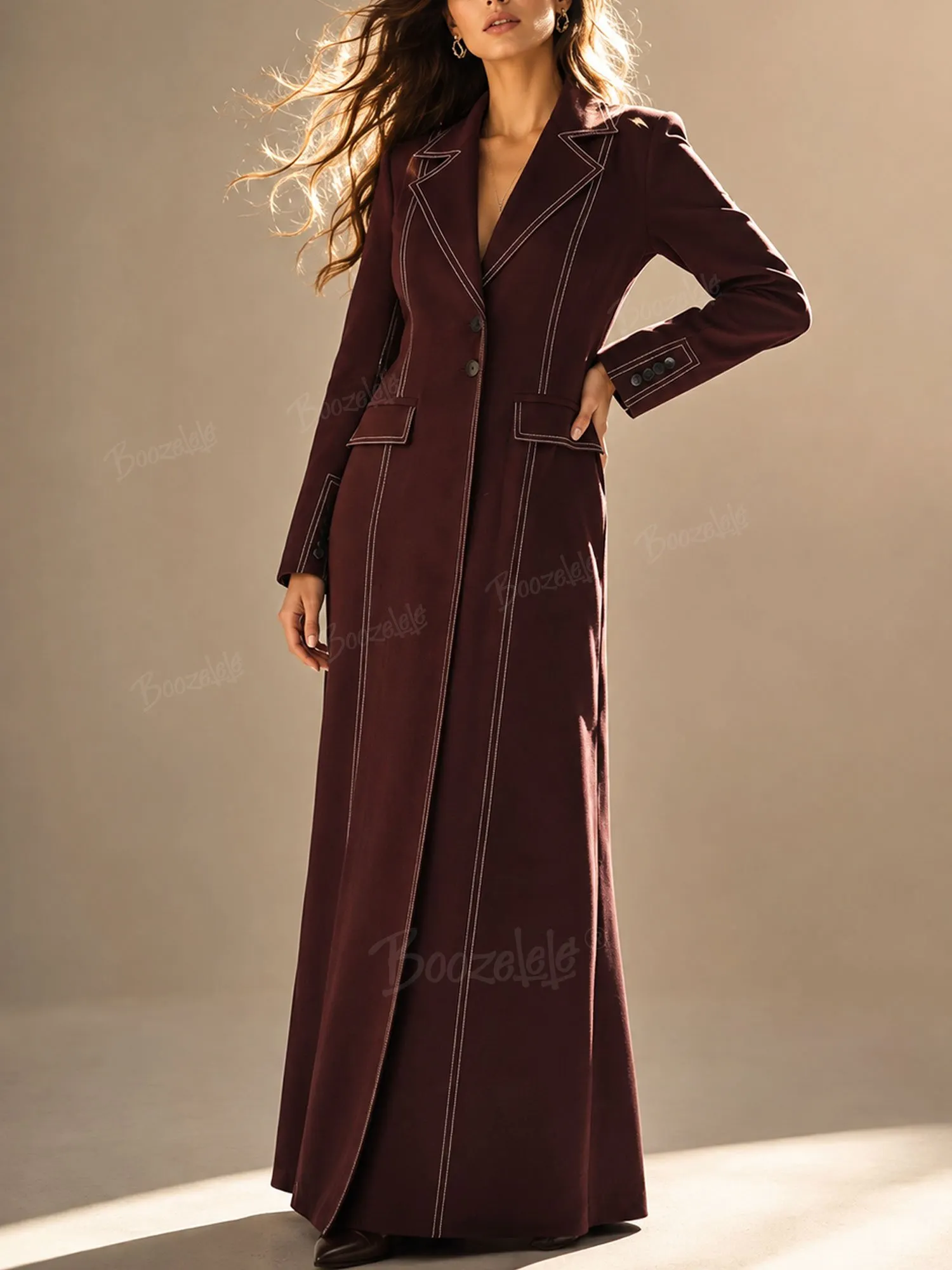 Ideal for an Autumn Country Music Festival &mdash; 2026 Autumn Women's Burgundy Tailored Flap Pocket Contrast Stitching Prairie Trench Coat
