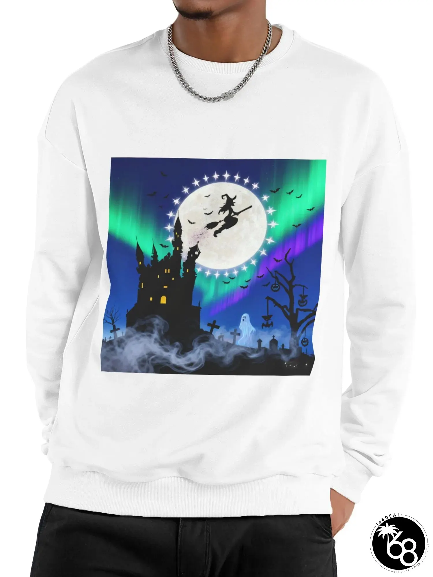 Mens Womens Gothic Witch Haunted Night Sweatshirt Spooky Castle Bats Flying Broomstick | 168DEAL