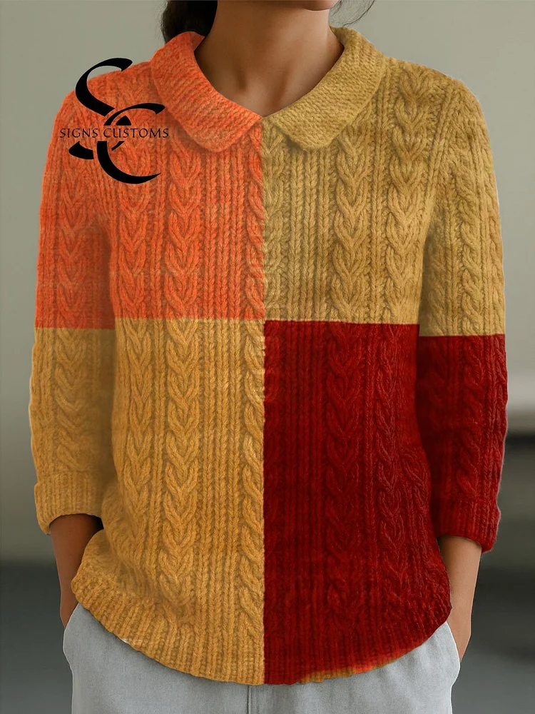 Women's Vintage Abstract Geometric Art Print Casual Peter Pan Collar 3/4 Sleeve Sweater