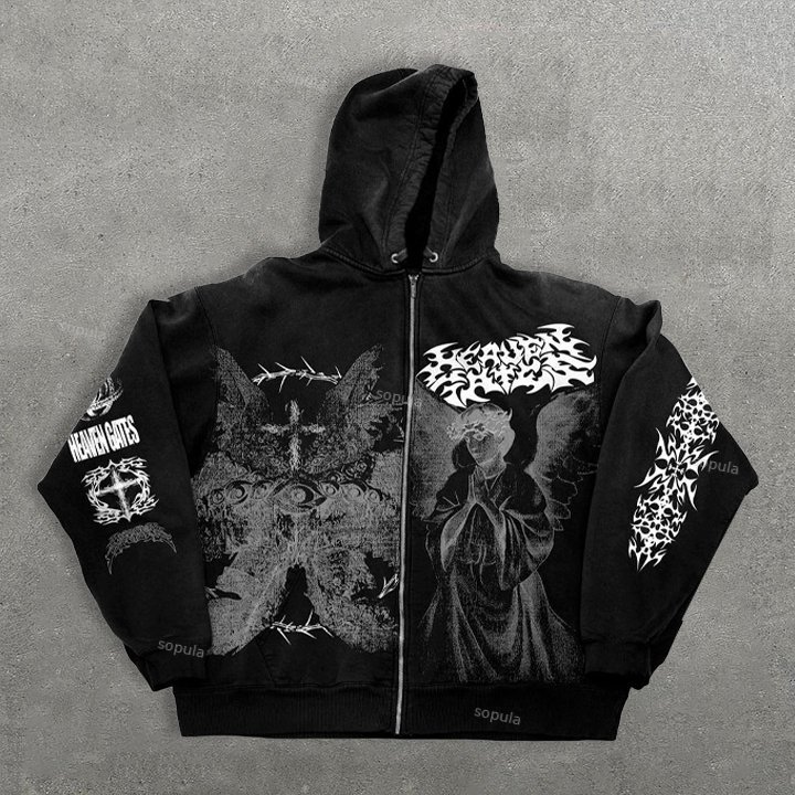 Heaven Gates Angelic Graphic Print Zip Up Hoodie