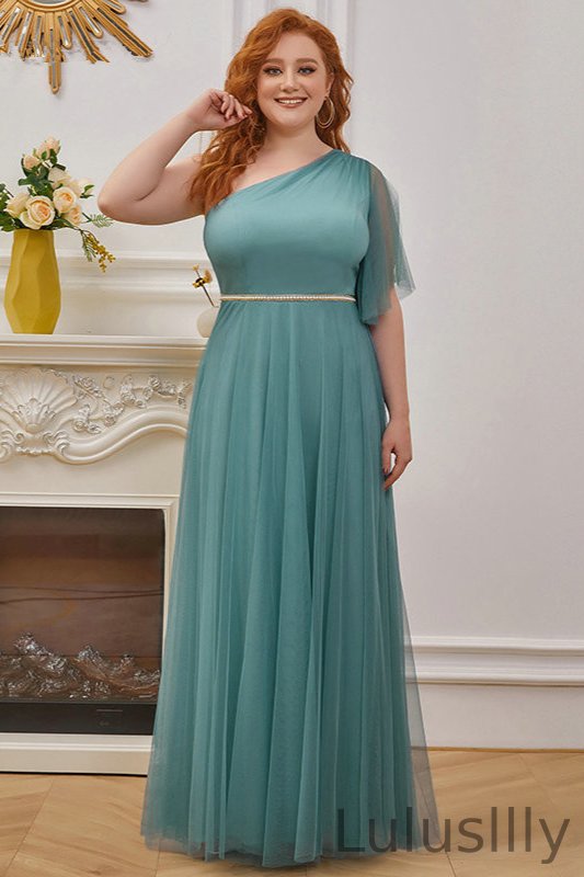 Glamorous One Shoulder Tulle Long Plus Size Evening Party Dress - lulusllly