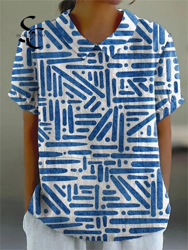 Women's Blue Art Line Print Casual Cotton And Linen Shirt