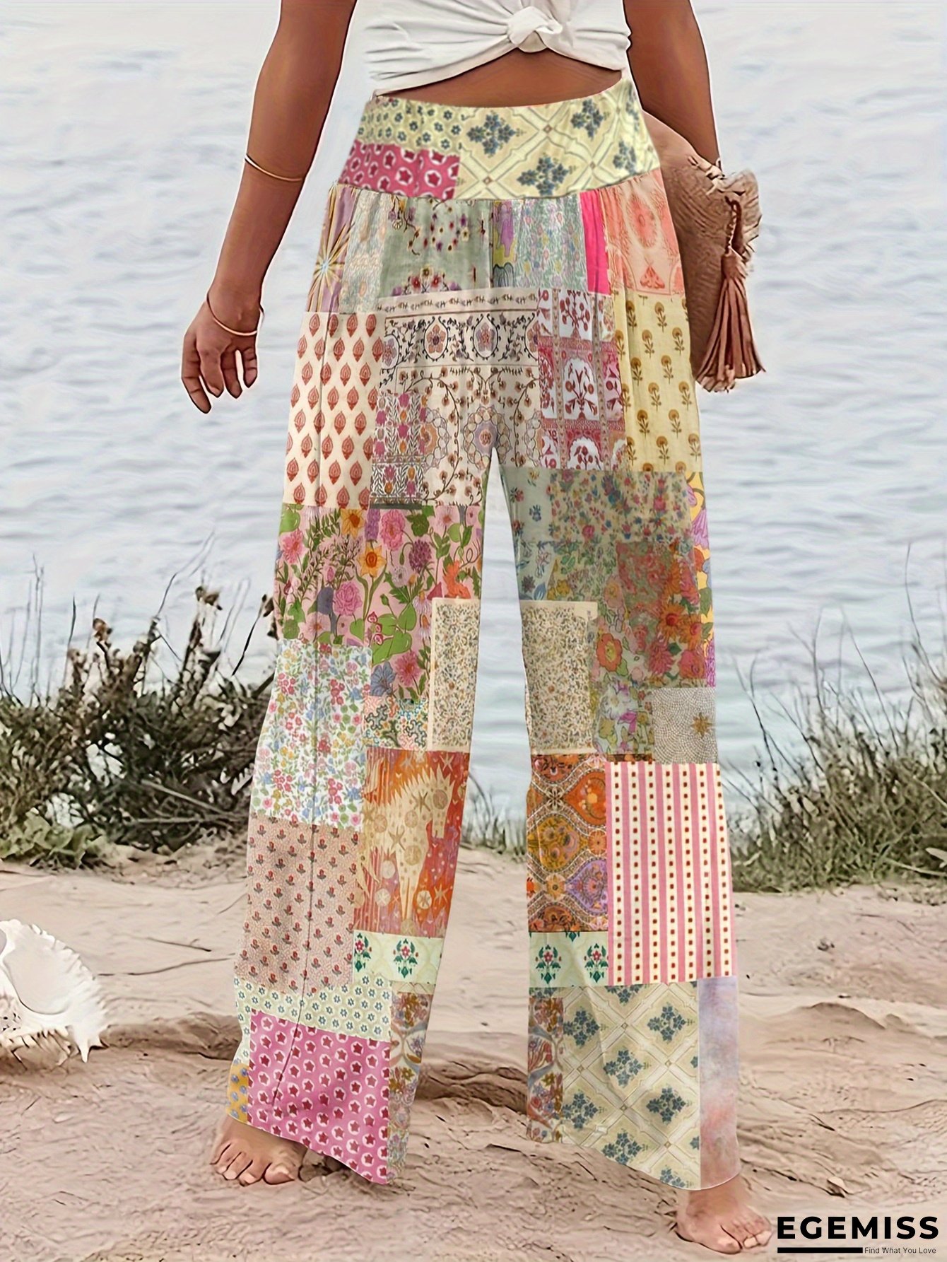 Women&lsquo;s Bohemian Floral Print Wide-Leg Pants - Loose Fit, High-Waisted, Vibrant Pink, Purple & Teal Design, Perfect for Beach or Casual Outings, Beach Pants | EGEMISS