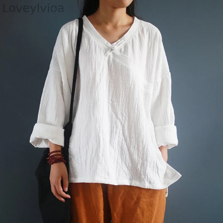 Vintage Plain V Neck Linen Cotton Casual Shirt