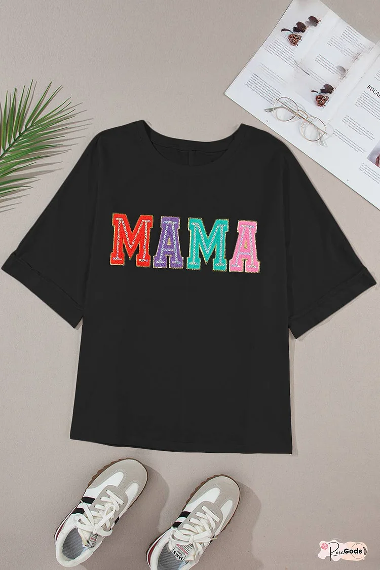 MAMA Chenille Patched Crew Neck T Shirt