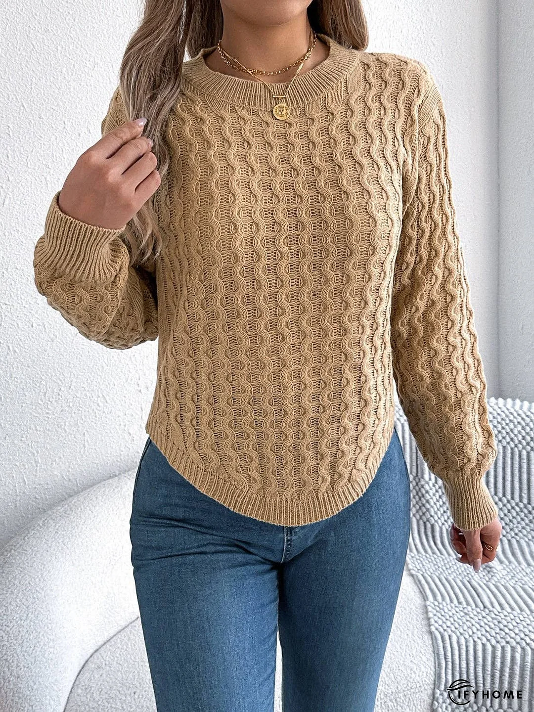 Asymmetric Hem Round Neck Long Sleeve Sweater | IFYHOME