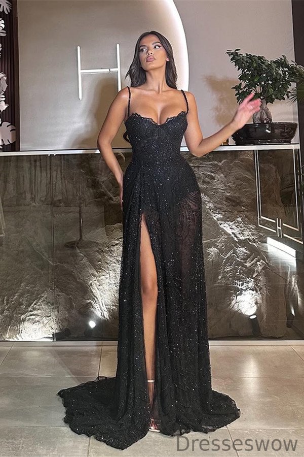 Dresseswow Black Spaghetti-Straps Sleeveless Mermaid Prom Gown With Split Sequins