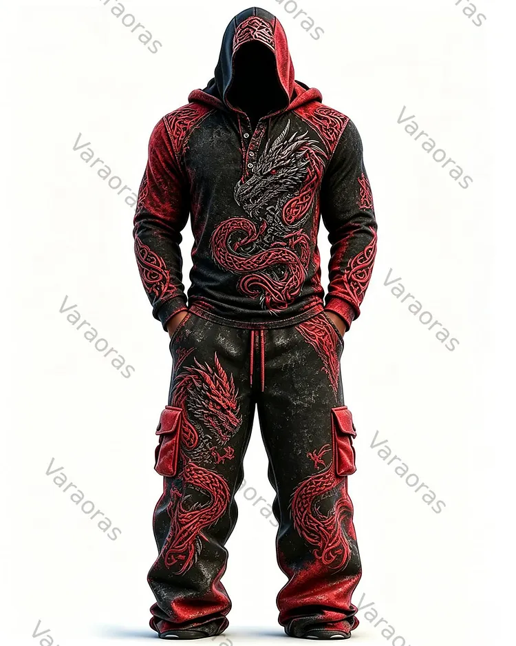 Men's Fashion Viking Contrast Color Red Dragon Embroidered Hoodie & Pants Two-Piece Set 5449