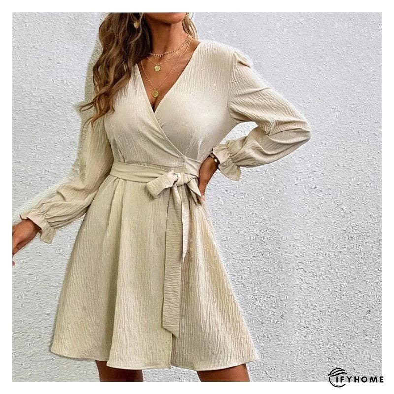 V-Neck Long Sleeves Solid Color Waist Tied Mini Dress | IFYHOME
