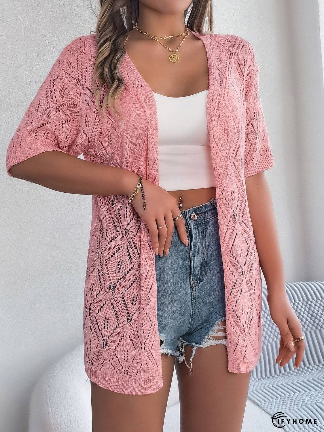 Openwork Open Front Half Sleeve Cardigan | IFYHOME