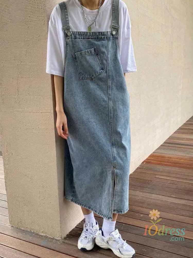 IO Dress Spring Summer Denim Overall Dress Women Sleeveless Jeans Dresses Fashion Female Solid Slip Casual Loose Spaghetti Strap Dresses