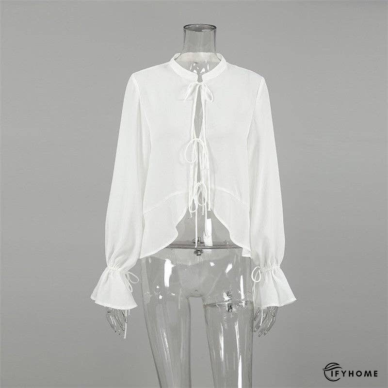 White Tie-Up Top With Mandarin Collar | IFYHOME