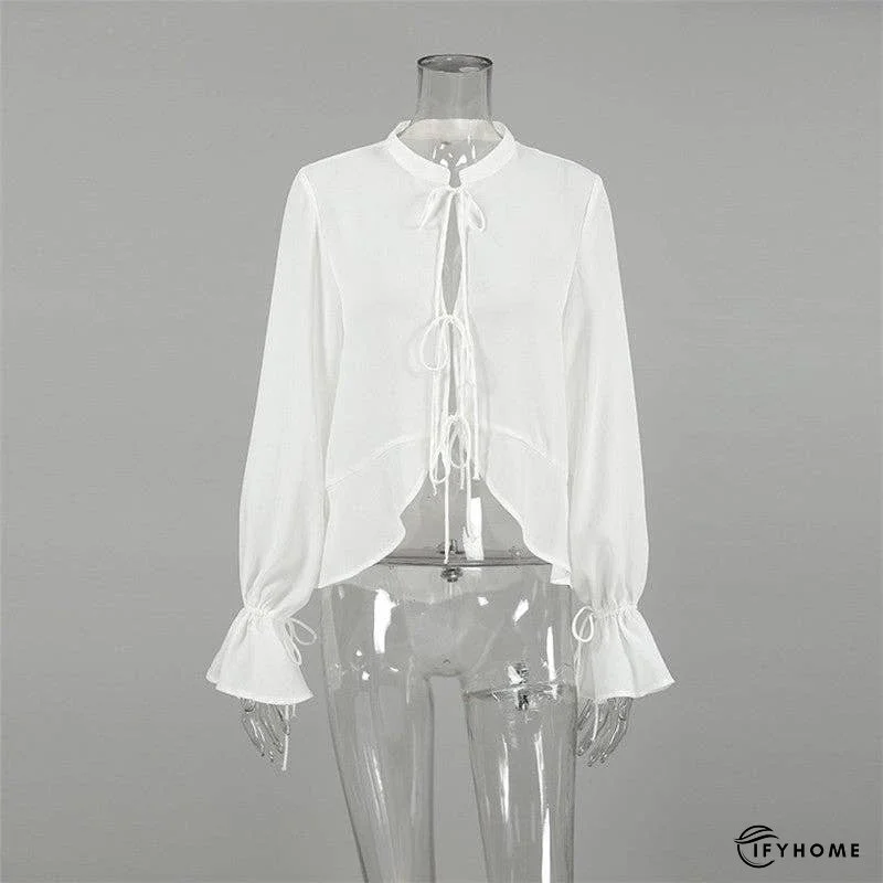 White Tie-Up Top With Mandarin Collar | IFYHOME