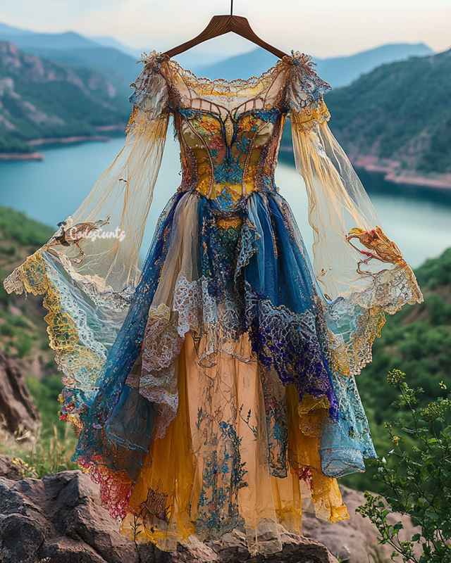 Summer Irregular Lace Patchwork BeadedRuffle Dress 604a