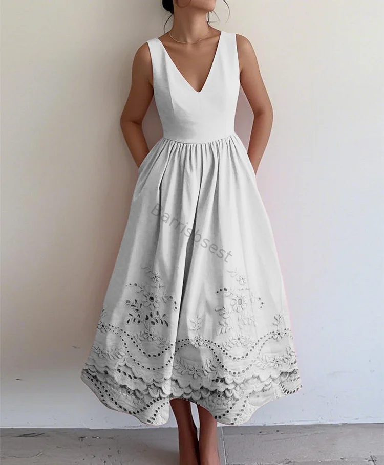 Elegant Floral Print V-neck Sleeveless Dress