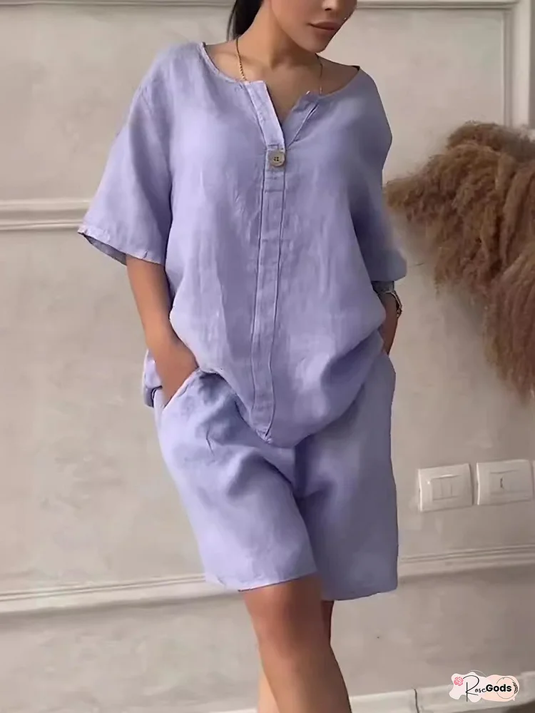 2025 Summer New European And American Women's 2pcs Set And Linen Shirt Set High-Waisted Loose Shorts, Perfect For Outdoor, Perfect For Outdoor