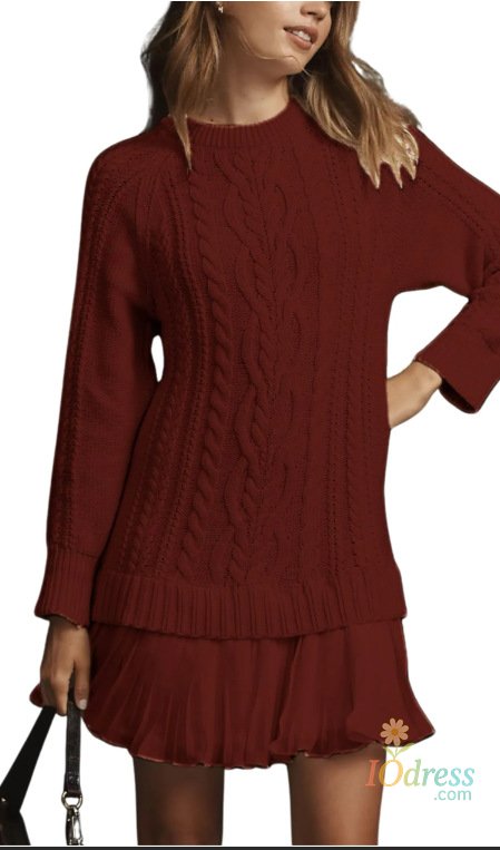 IO Dress Women's Casual New Twist Knitted Sweater Chiffon Splicing ​mini Dresses Autumn Winter Fashion O Neck Long Sleeve Folds Dress