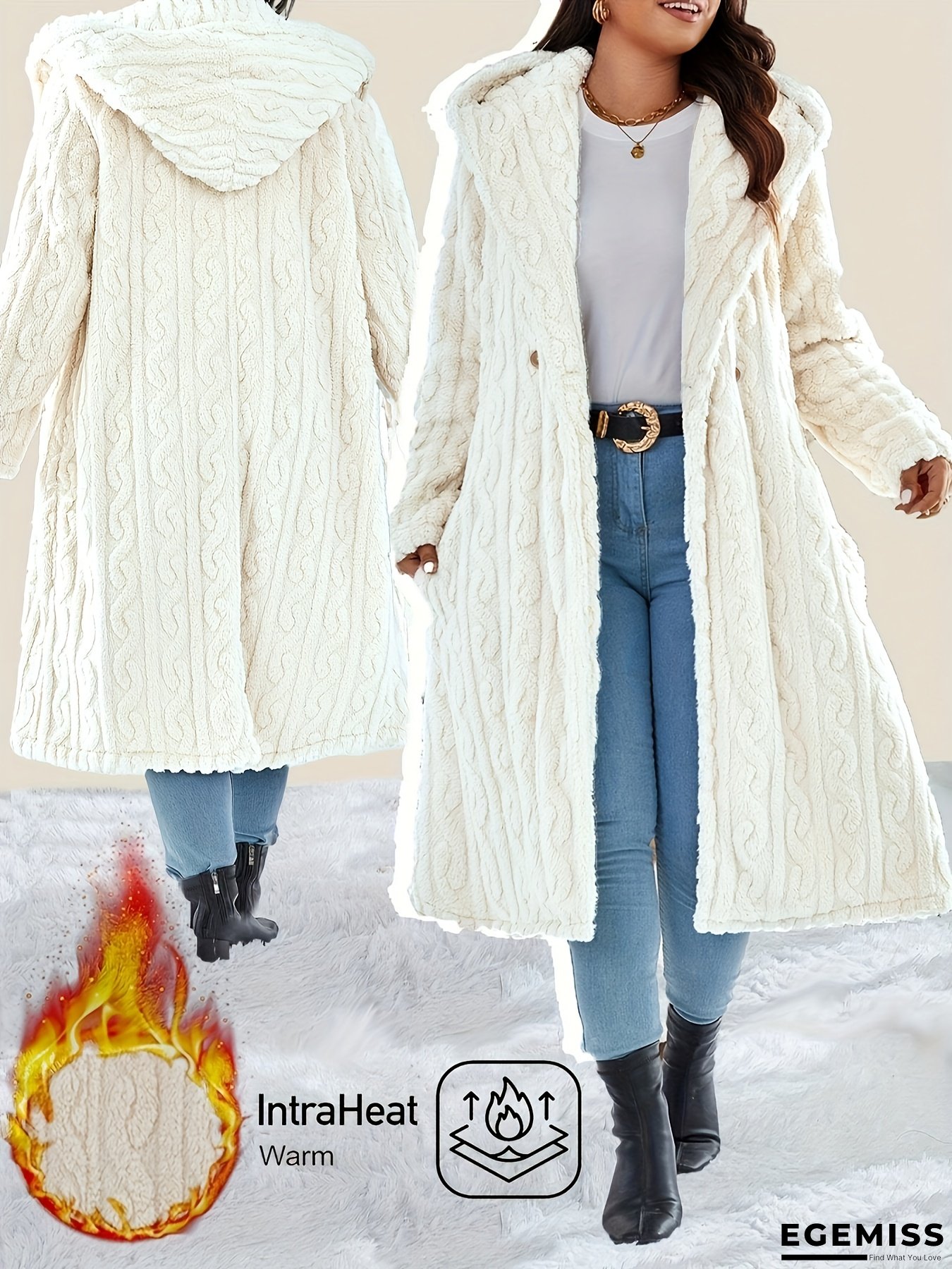 Plus Size - Women&lsquo;s Plush Fleece-Lined Hooded Coat - Cozy Double-Breasted Mid-Length Winter Coat with Fluffy Lining, Elegant Solid Color Design for Fall/Winter, Warm & Stylish Outerwear, Winter Coats, Fall Fashion, Soft Texture | EGEMISS