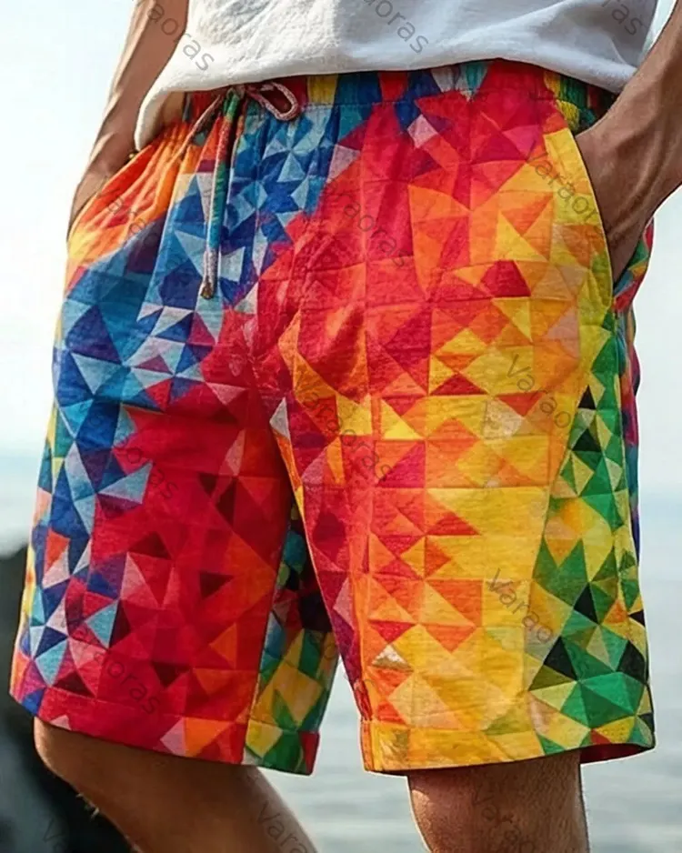 Men's Music Festival-Themed Colorful Diamond-Print Shorts 9678