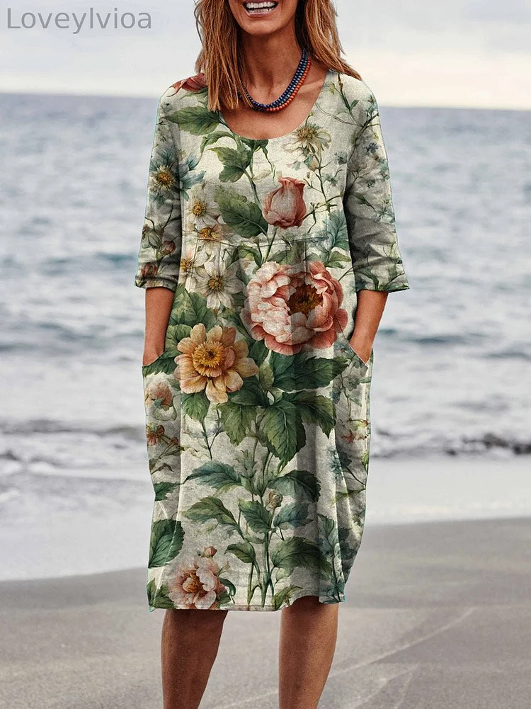 Women's Retro Elegant Flowers Art Print Linen Pocket Tunic Dress