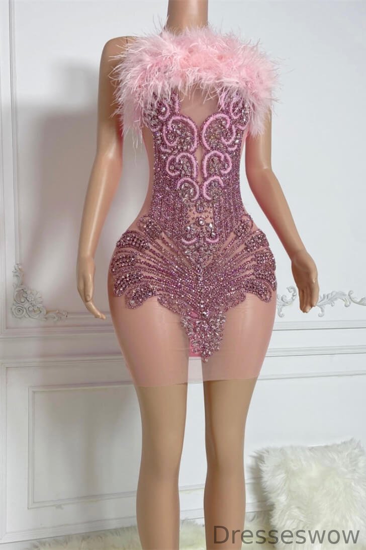 Dresseswow Pink Feathers Short Prom Dresses With Beadings Mini Homecoming Dress Online