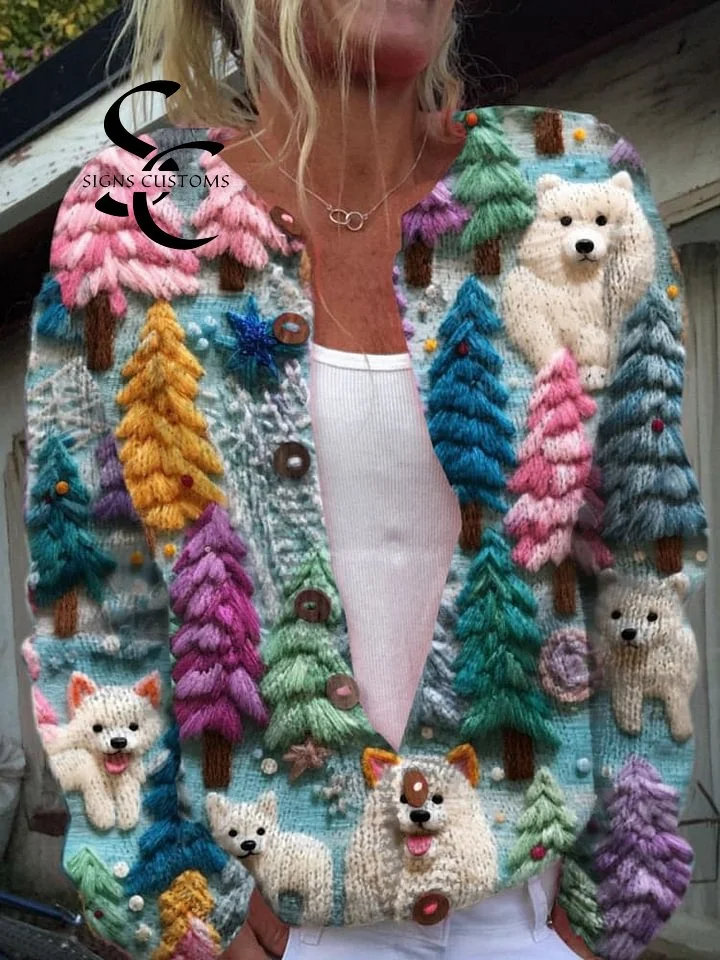 Festive Cardigan with Lovely Dog Christmas Tree Designs